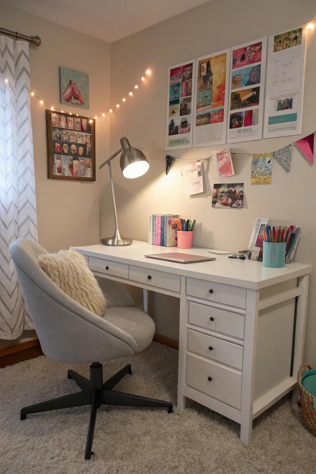 A fruitful study sector exhibiting a contemporary desk and work light.