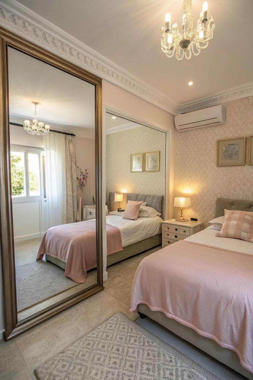 Mirrors amplify light and space in the twin bedroom.