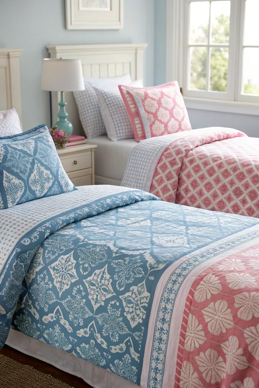 Mix and match bedding adds individual flair to each bed.
