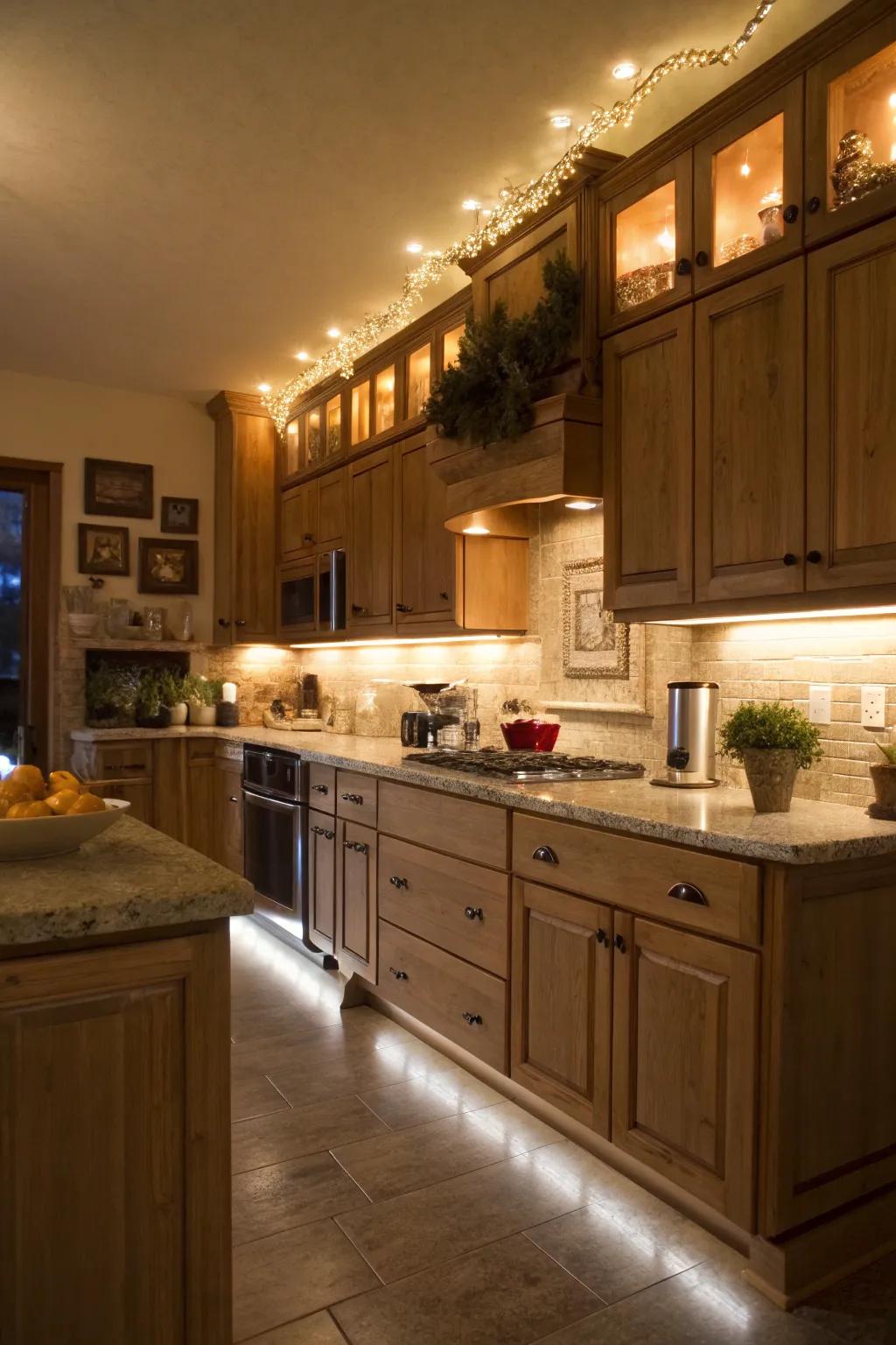 Warm white lights create a cozy, welcoming kitchen atmosphere.