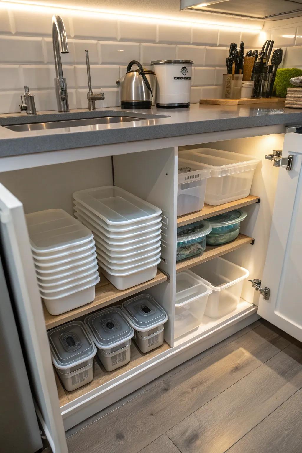 Stackable containers help optimize vertical space and organization.