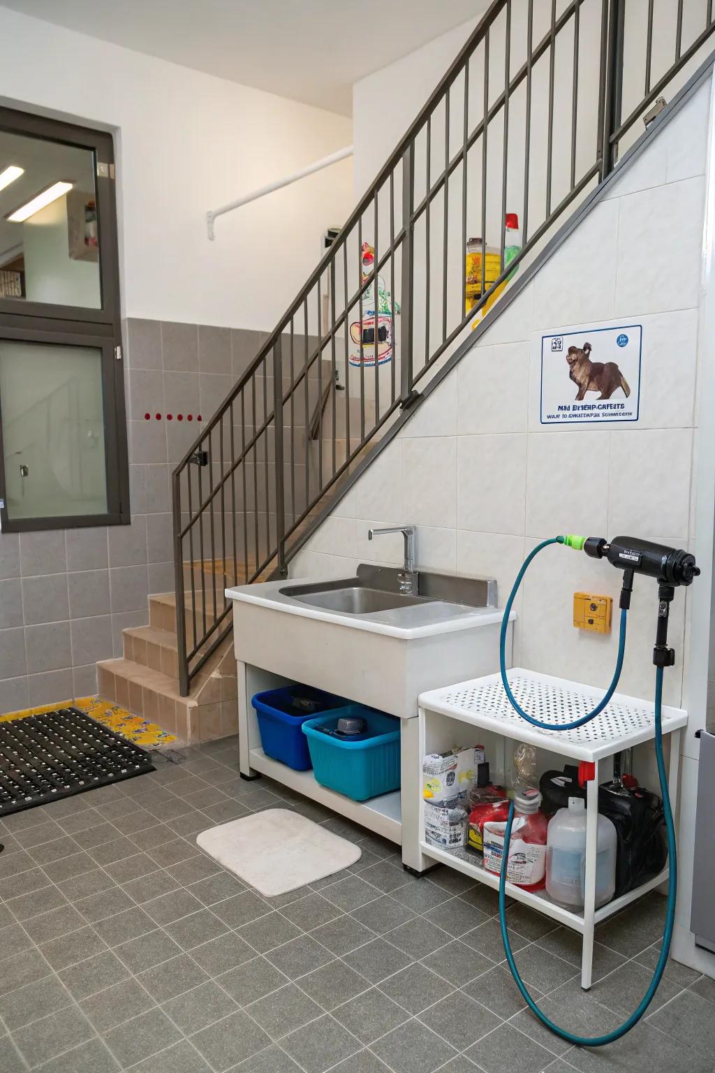 A convenient pet wash station ingeniously placed under the stairs.
