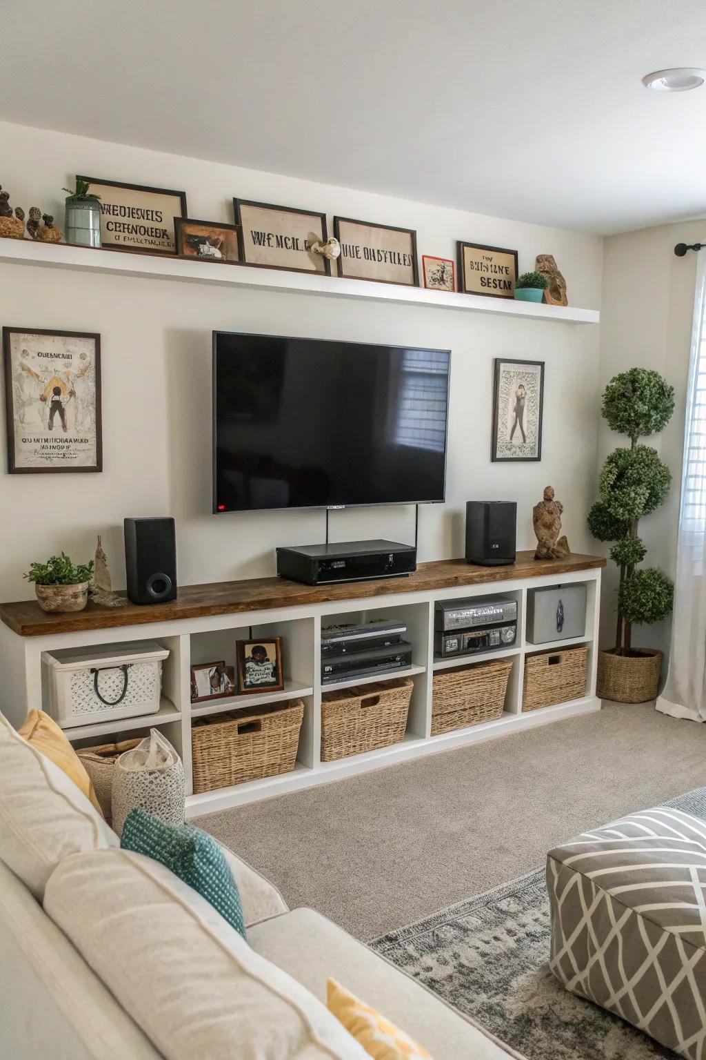 Functional accessories under your TV blend style with practicality.