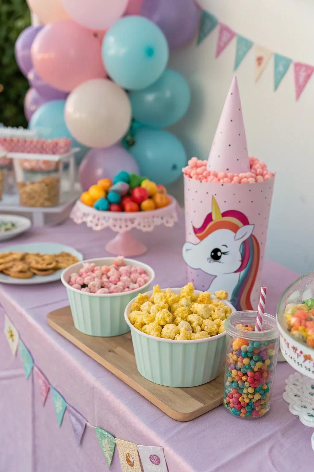 A magical unicorn treat display showcases vibrant sweets.