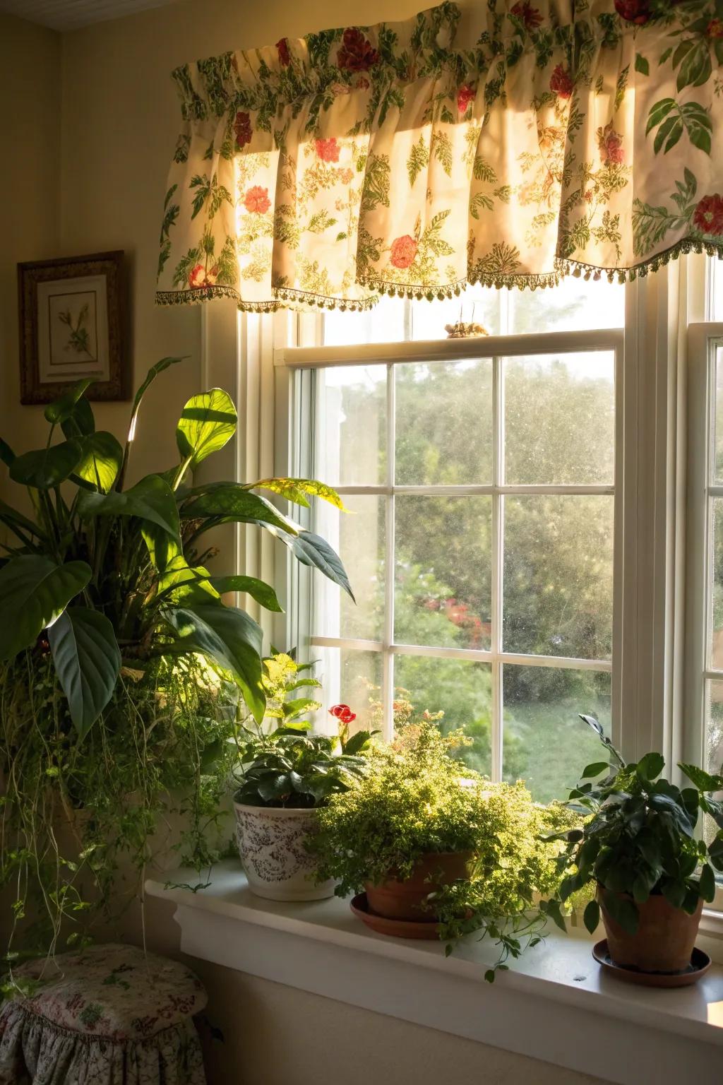 A window showcasing a blossom dressing in a sunny, green-filled room.