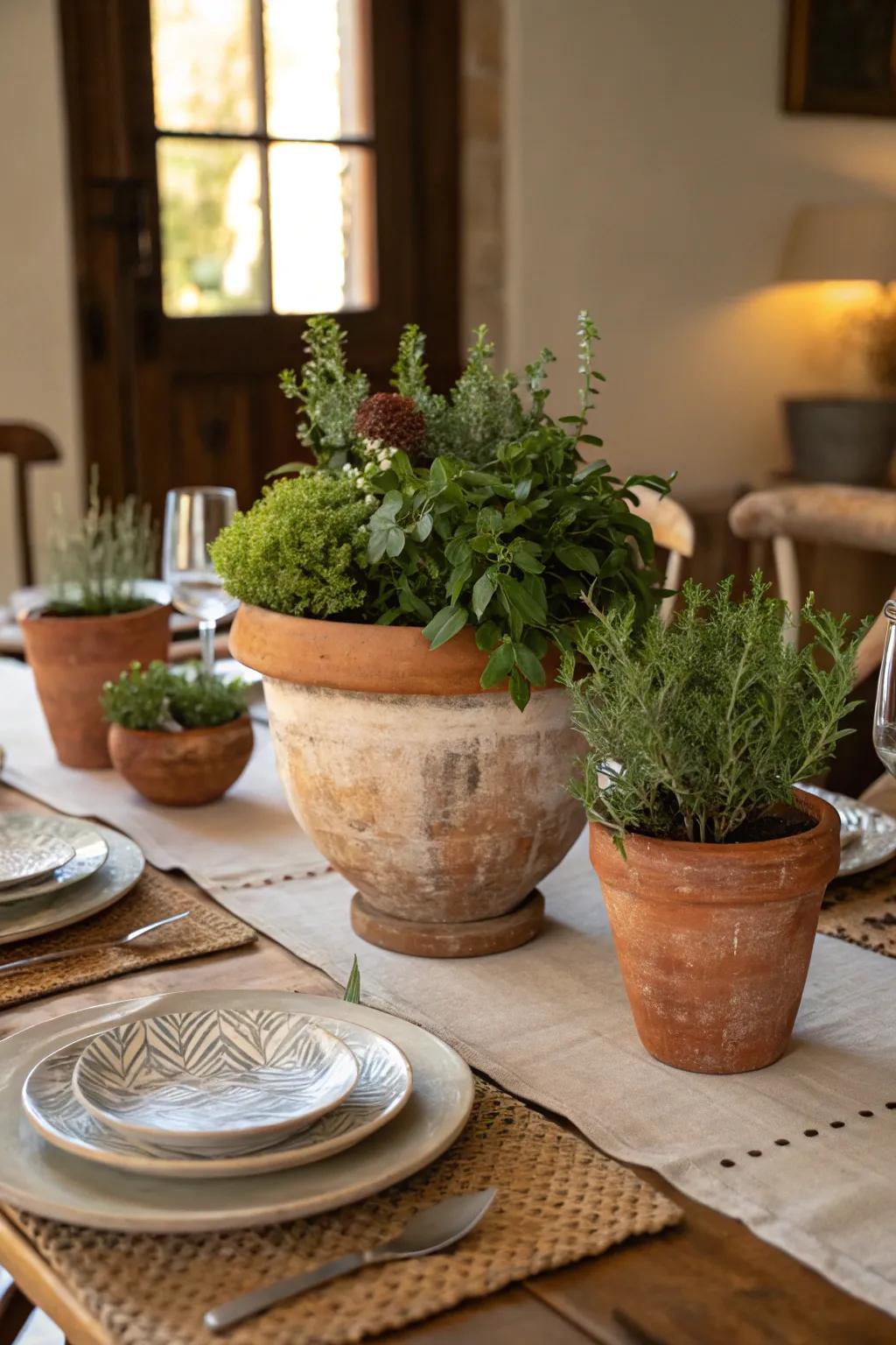 Crafted clay pots impart a grounding charm onto the table.