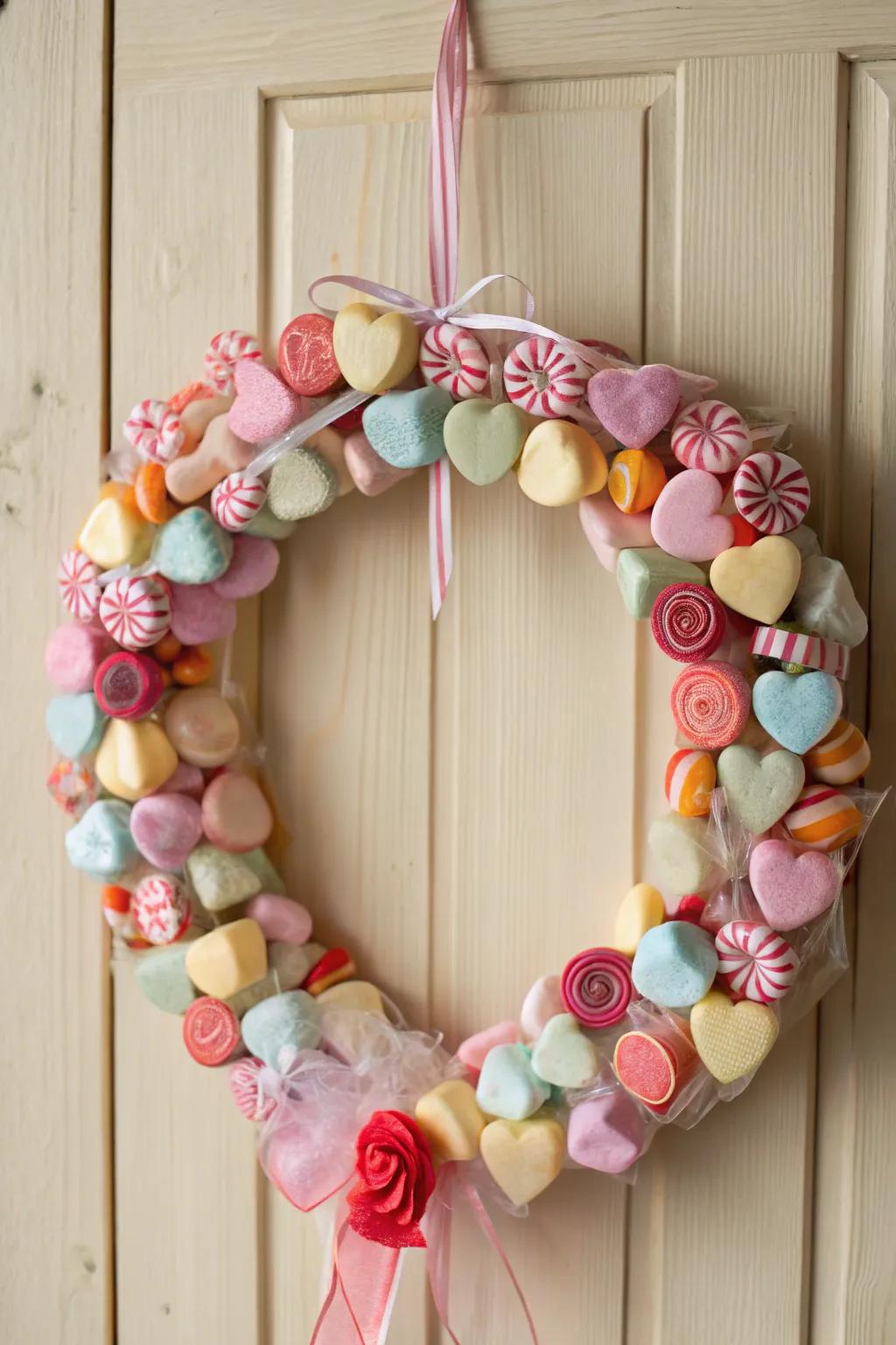 Indulge in sweetness and style through this charming treat wreath&mdash;an irresistible delight for your Valentine's d&eacute;cor.