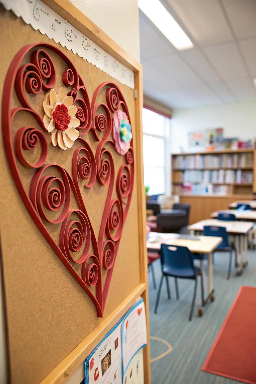 A Curlicue Heart Artistry display surface featuring detailed paper spirals.