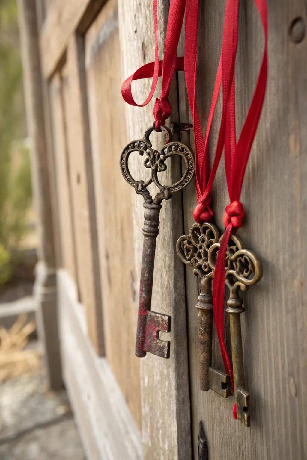 Vintage keys add an element of mystery and charm to Valentine's decor.