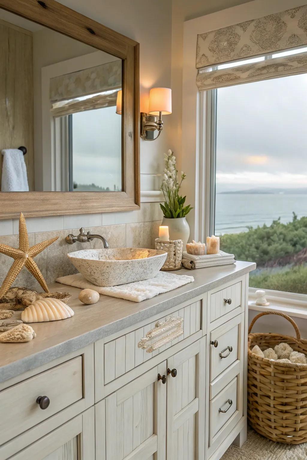 A coastal-themed washbasin with calming elements.