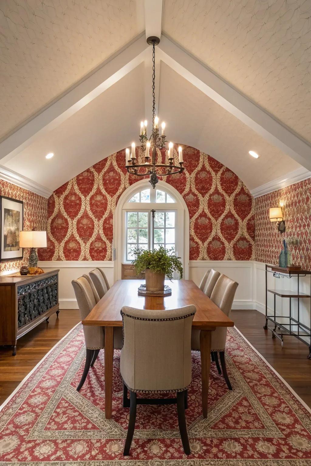 A dining area showcasing a vaulted ceiling and wall design adorned with audacious covering