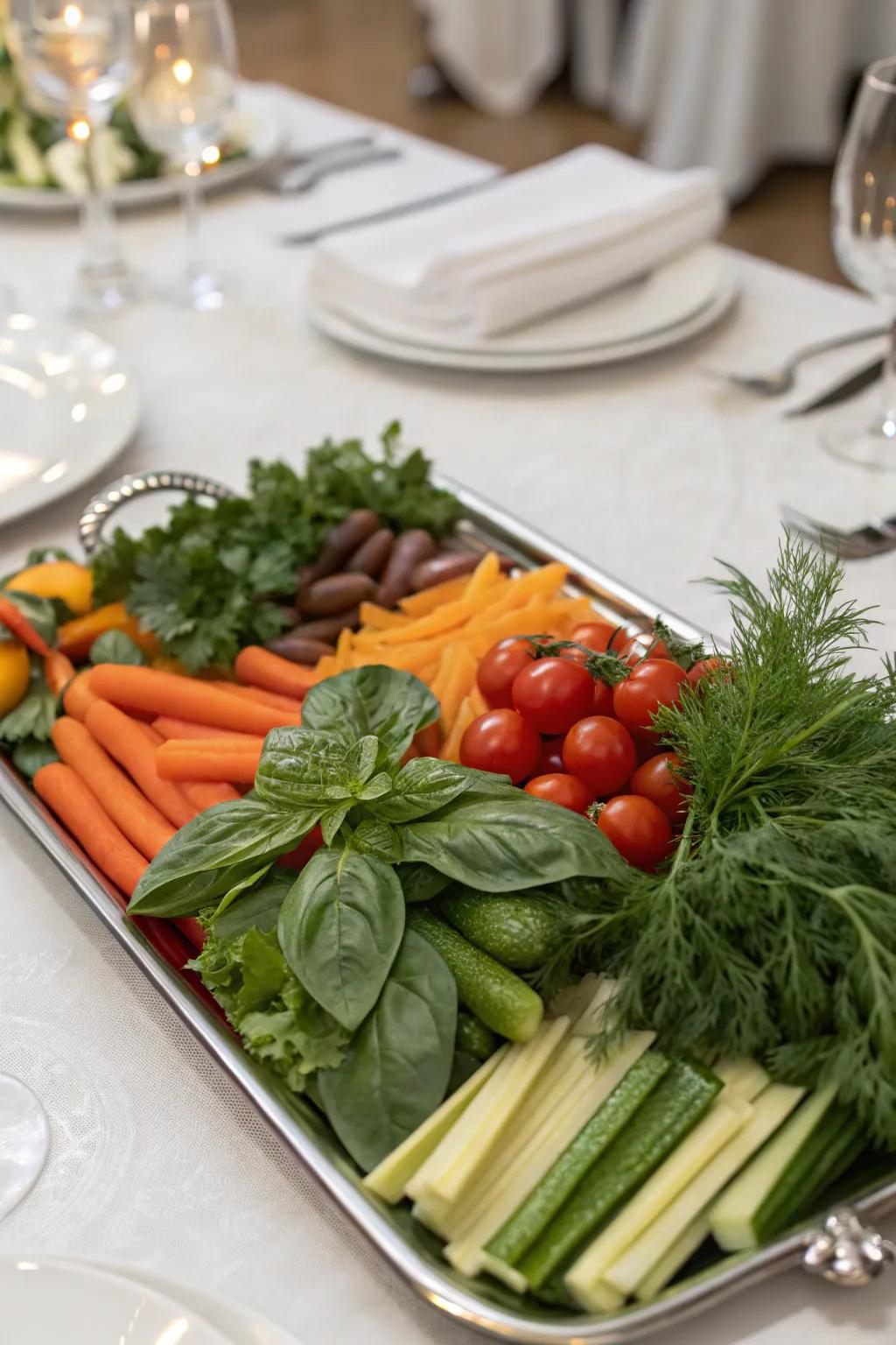 Vegetable tray accented with fresh herbs for aroma.