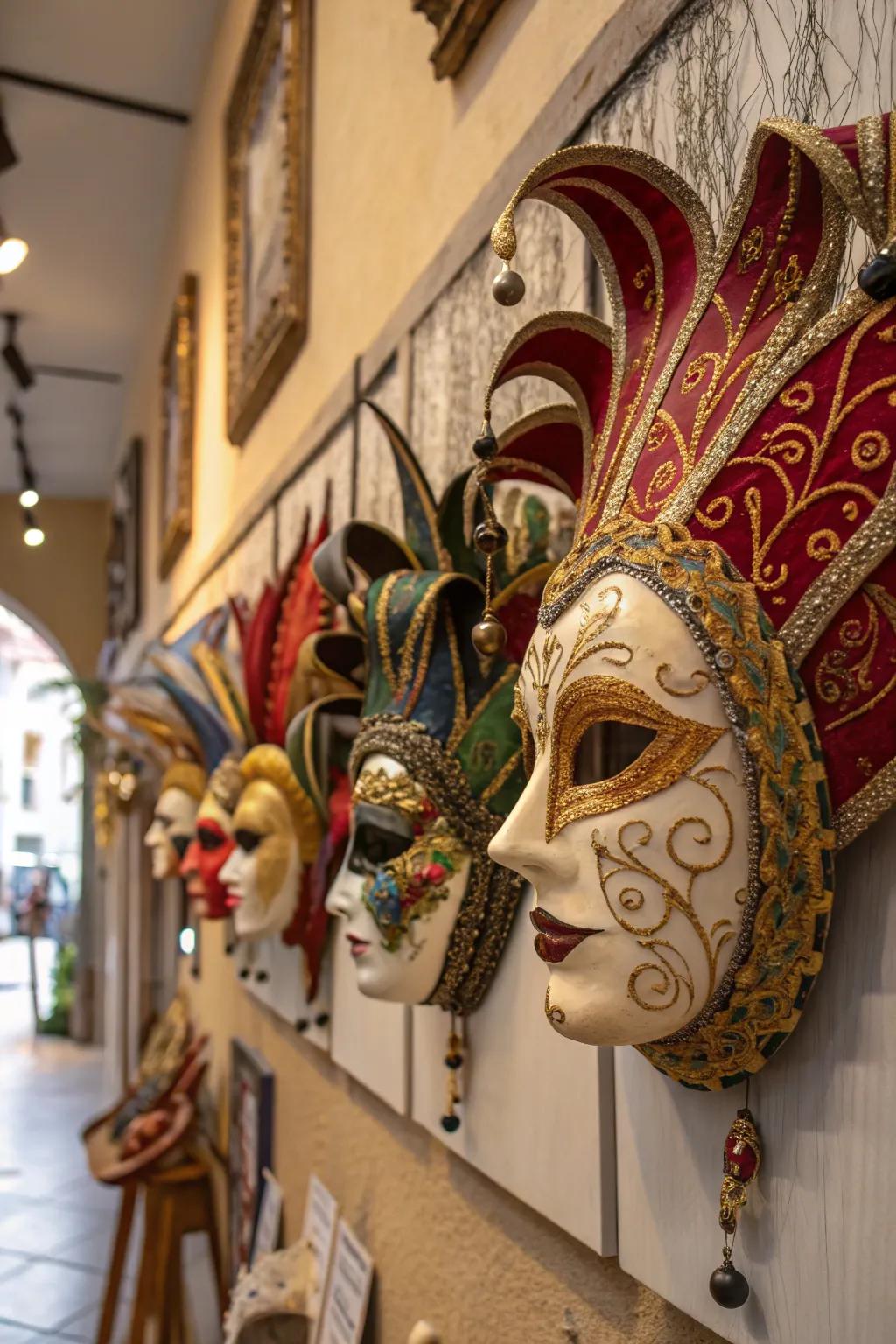 Carnival masks that add drama and intrigue to the decor.