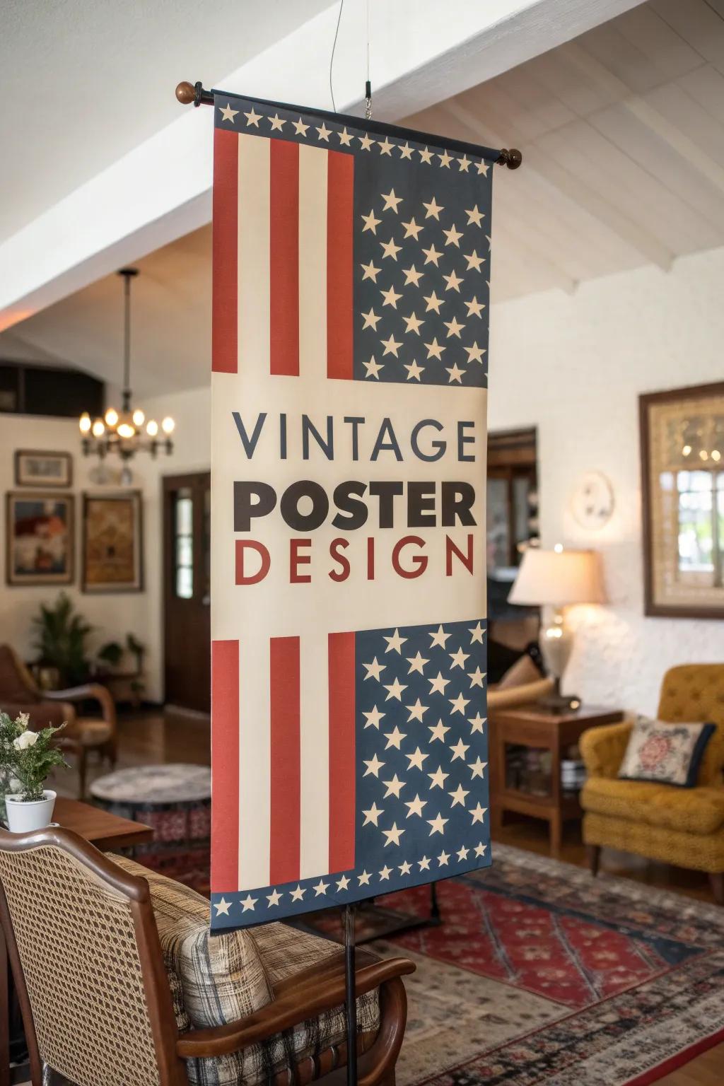 A vintage poster banner offers nostalgic charm to a retro living room.