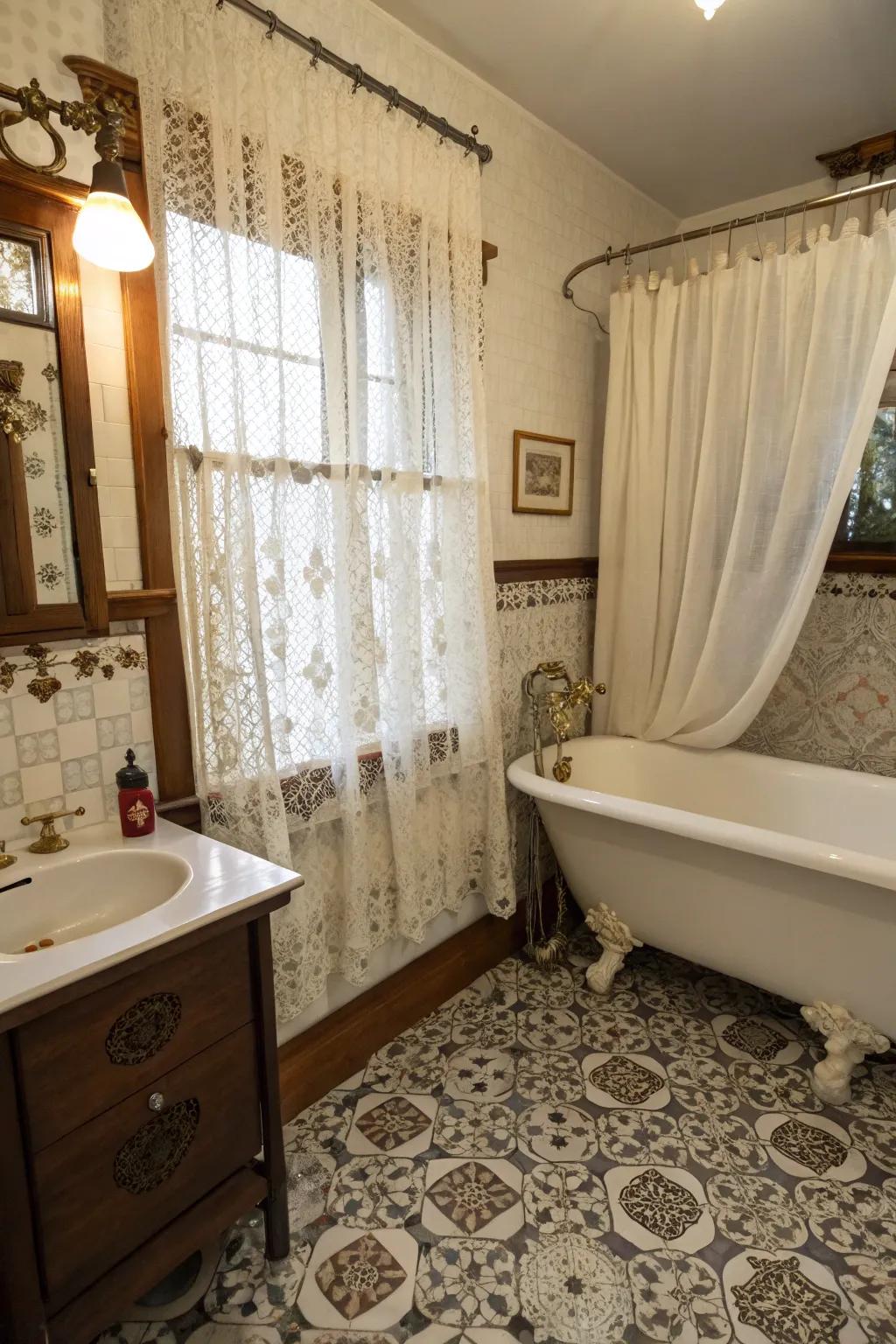 Lace cloths filter light, introducing a romantic atmosphere.