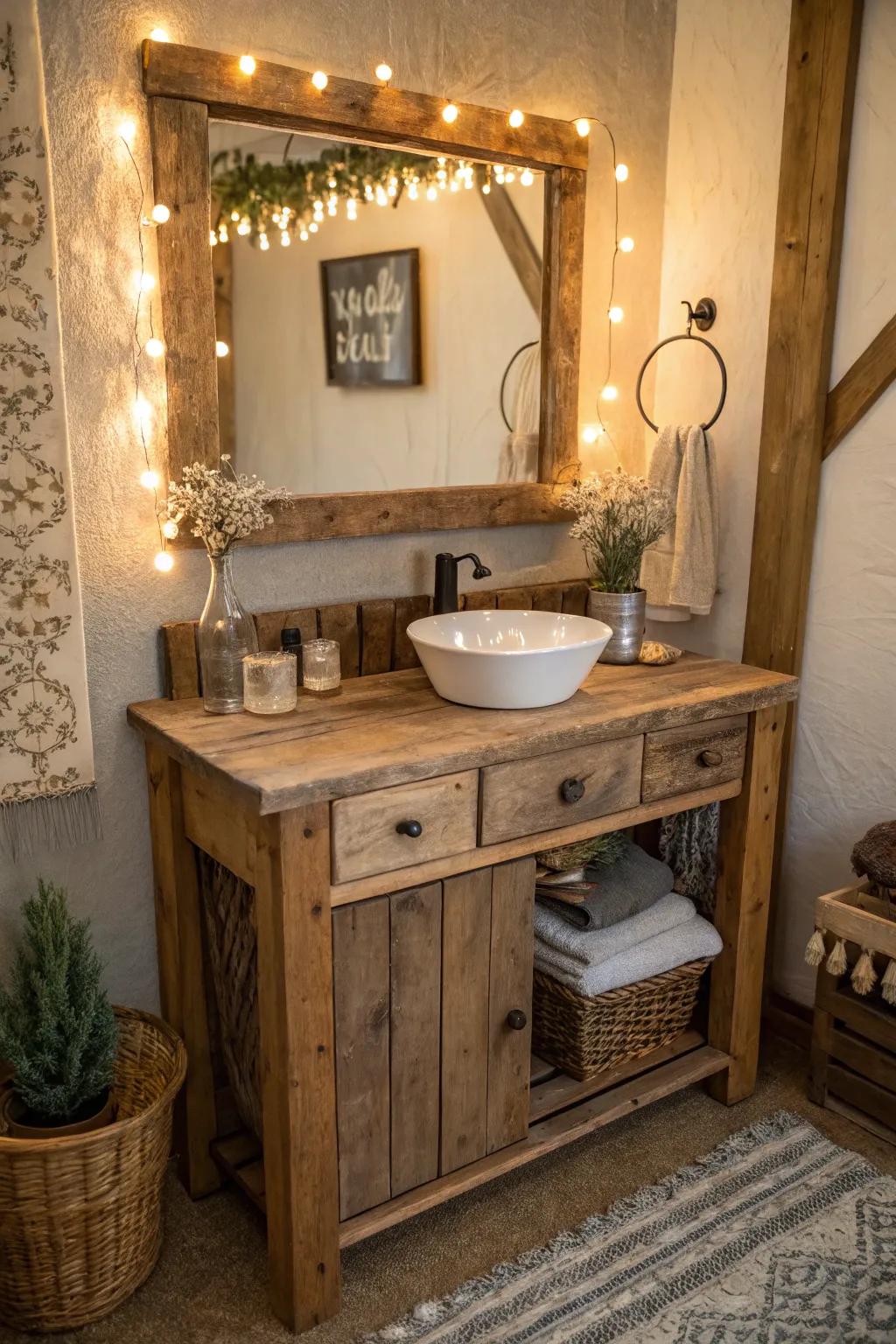 Reclaimed lumber offers a unique charm to vintage vanities.