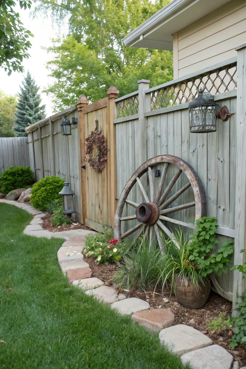 A carriage wheel artistically integrated into a fencing, which gives visual appeal.