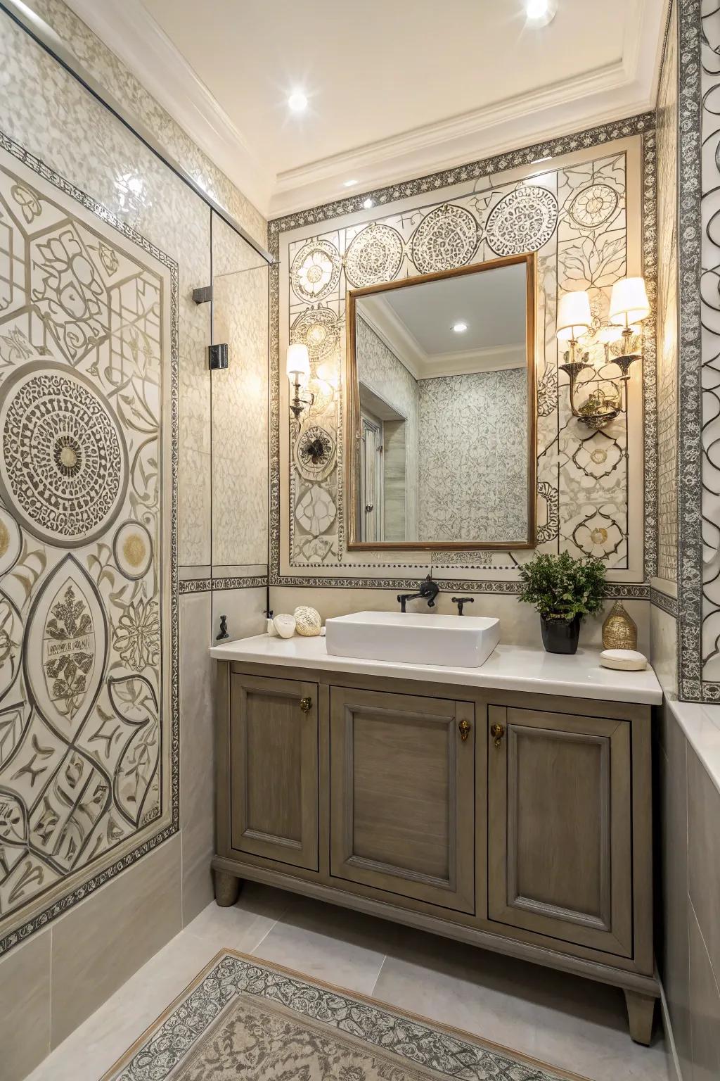 Artistic stone tiles turn wainscoting into a creative canvas.