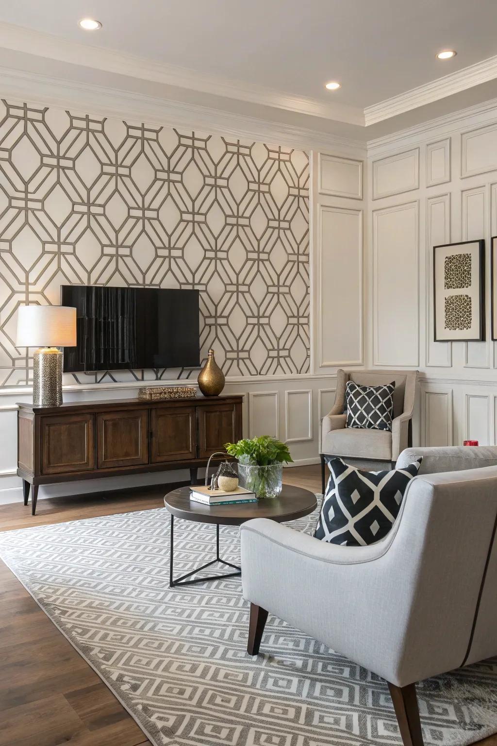 Incorporate a contemporary spin using angular pattern wainscoting.