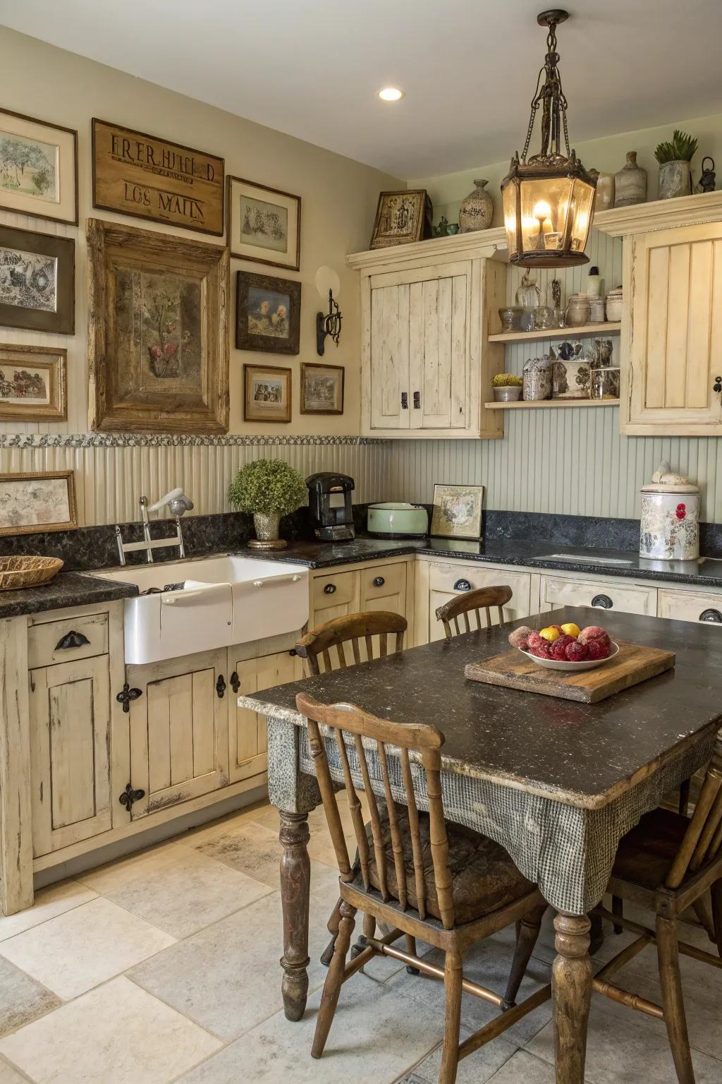 A galley area presenting vintage-inspired blemished wainscoting.