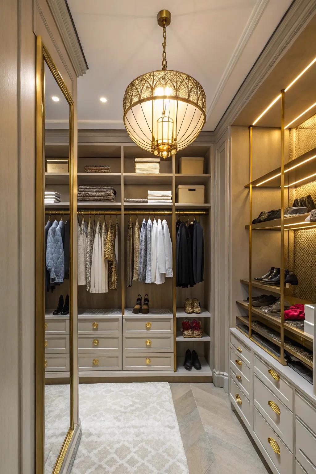 Glamorous accents like gold hardware add a touch of luxury to the closet.