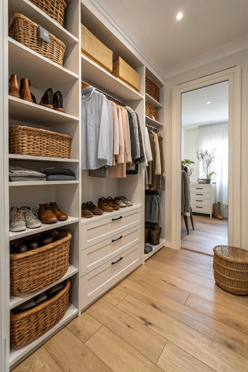 Natural elements cultivate a warm and inviting closet space.