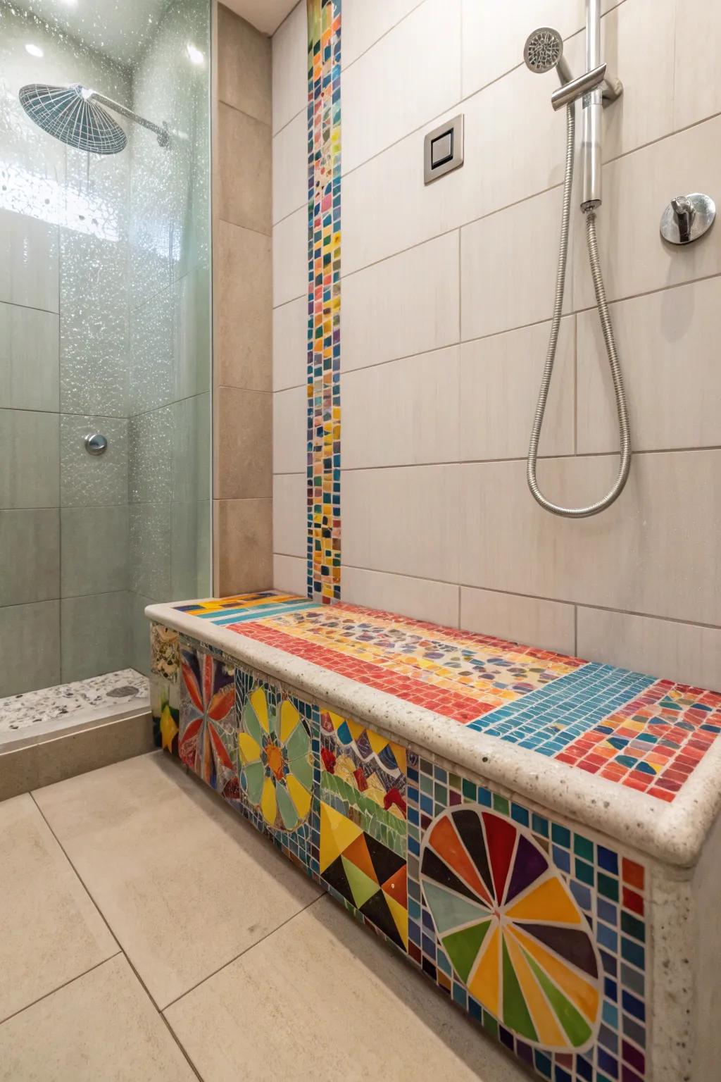 A vibrant mosaic tile bench adds a playful and distinctive touch to the shower.