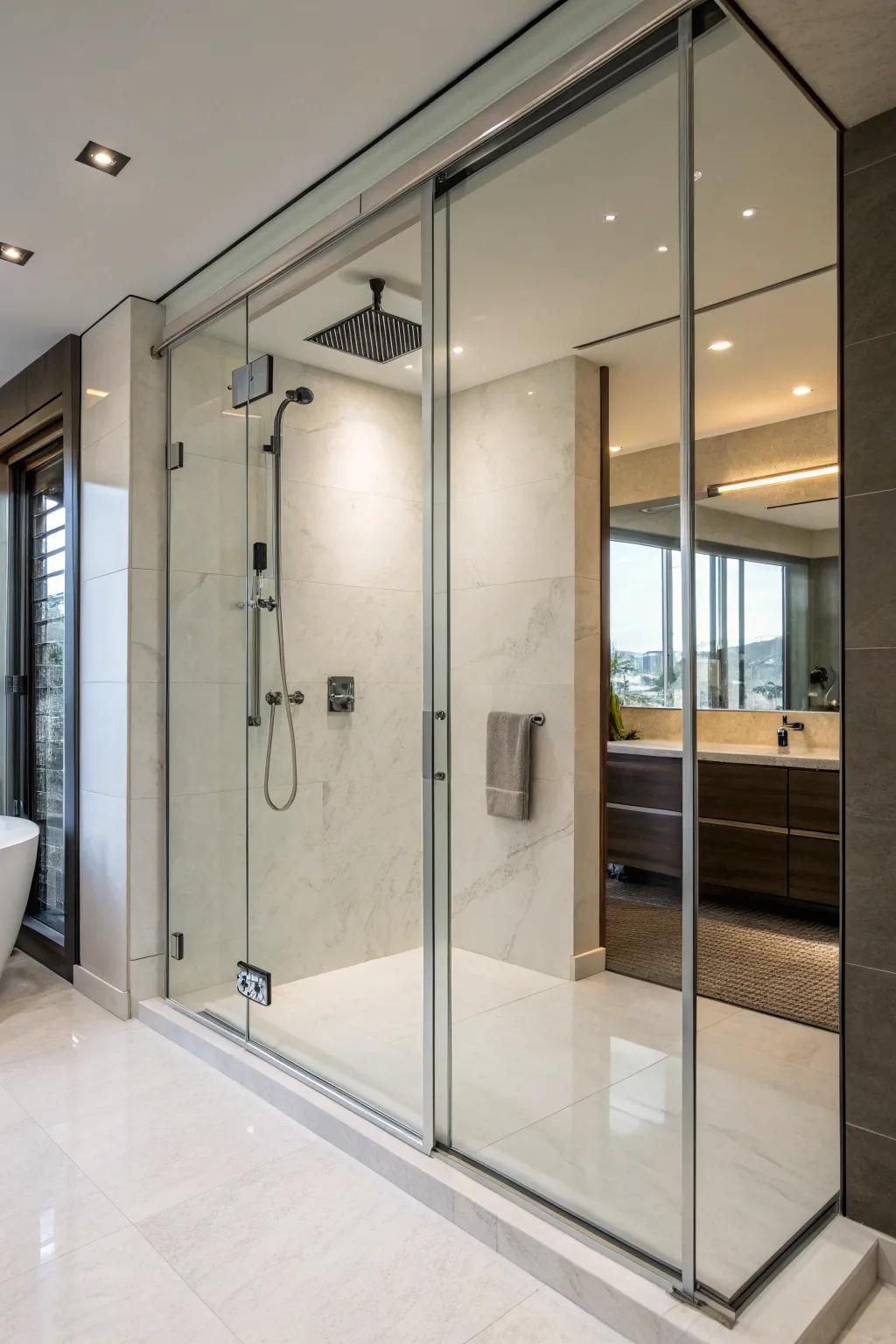 Gliding glass entrances offer a smooth transition in this walk-in shower.