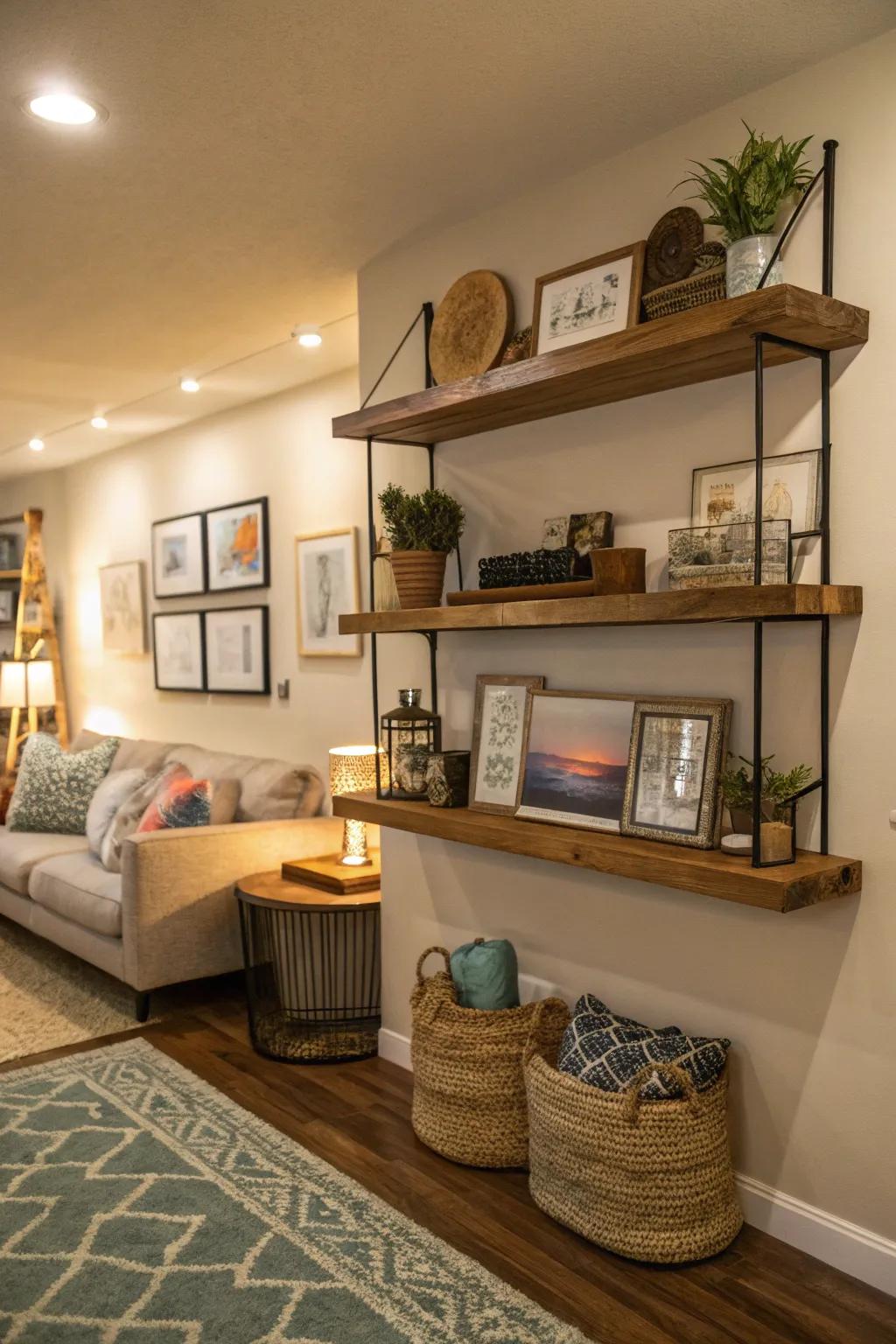Floating shelves provide a versatile art display option in a modern living room.