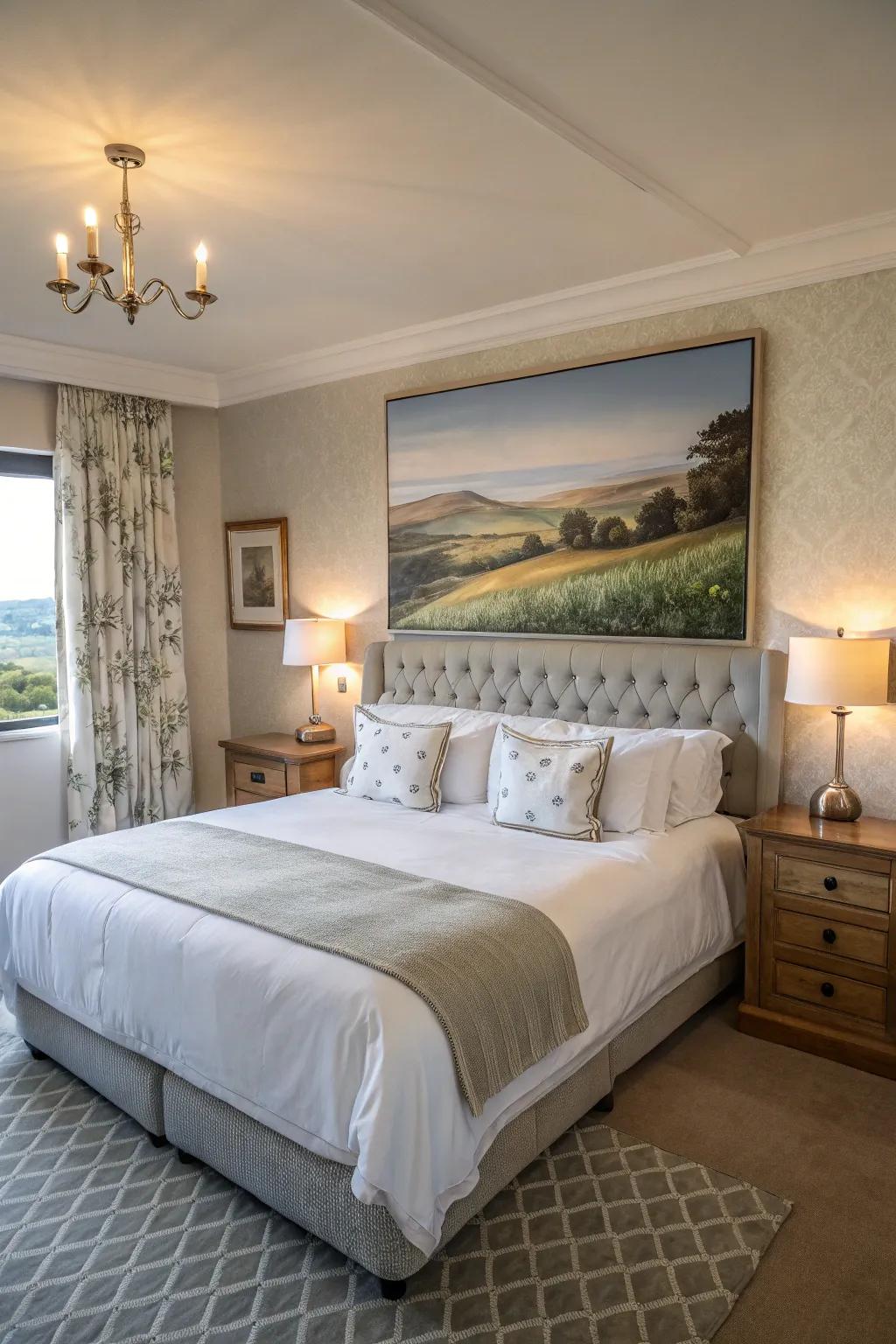 Landscape art brings tranquility into the bedroom.