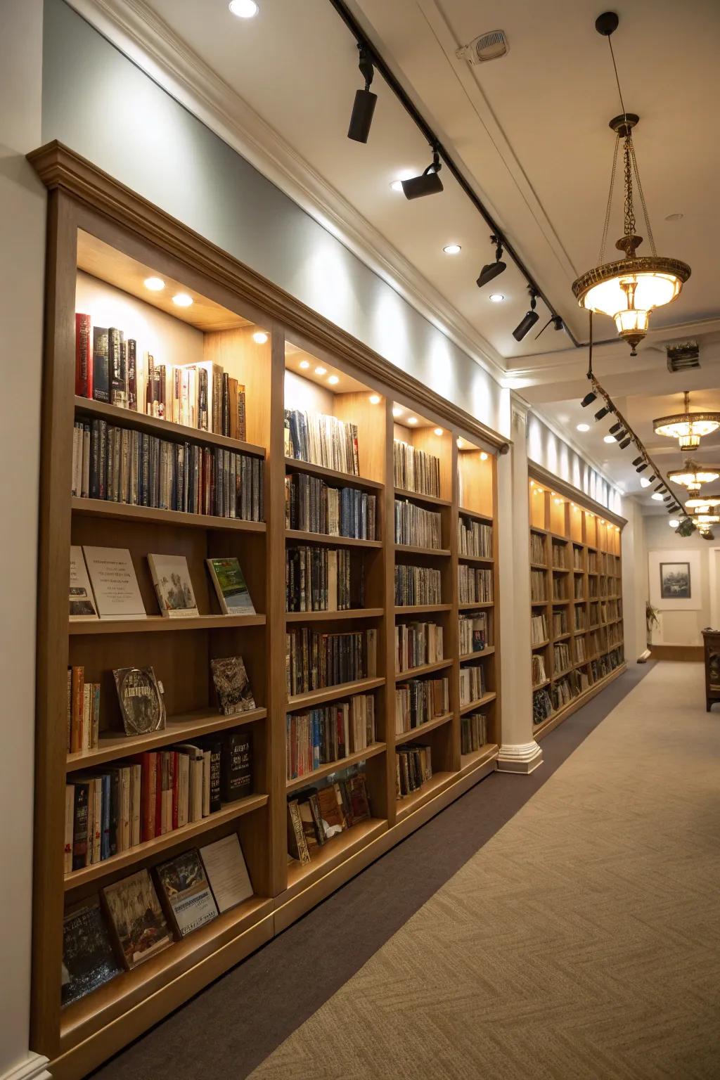 Gallery-style lighting elegantly spotlights your book collection, creating a captivating display with a touch of sophistication.