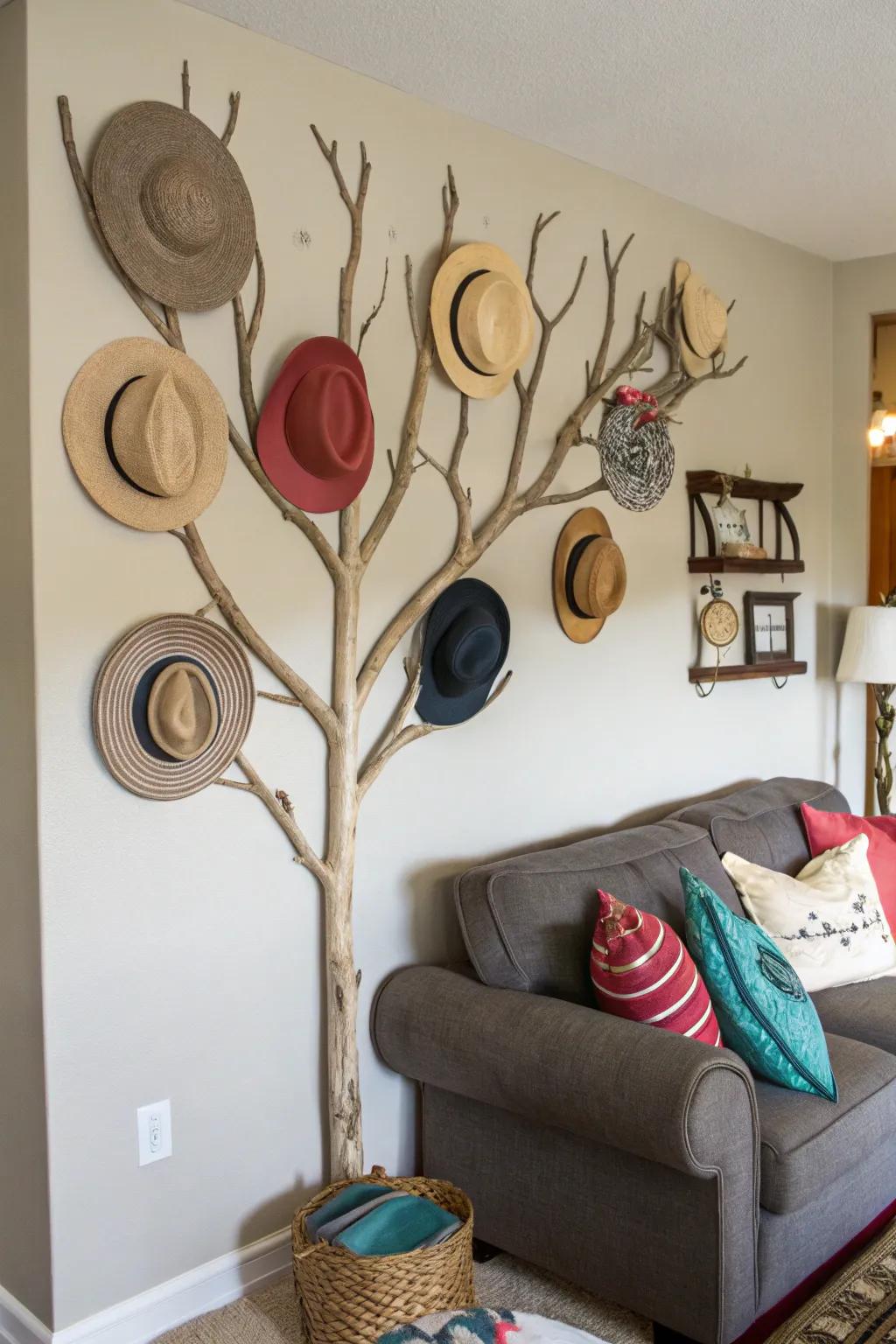 An artistic headwear display using a painted stem.