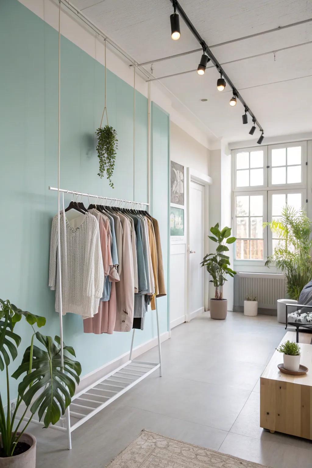 A bright and airy room showcasing a floating wall-mounted clothing rack.