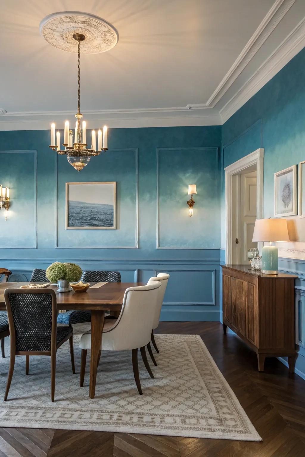 Walls with graduated tones deliver a soothing impression to a dining space.