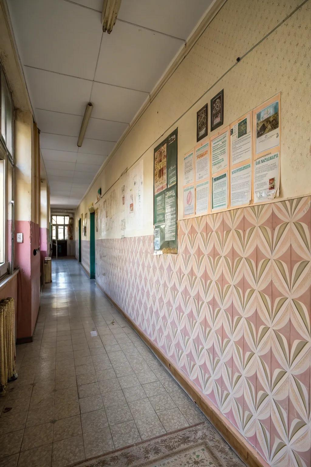 Textured wallpaper adding depth to a school wall