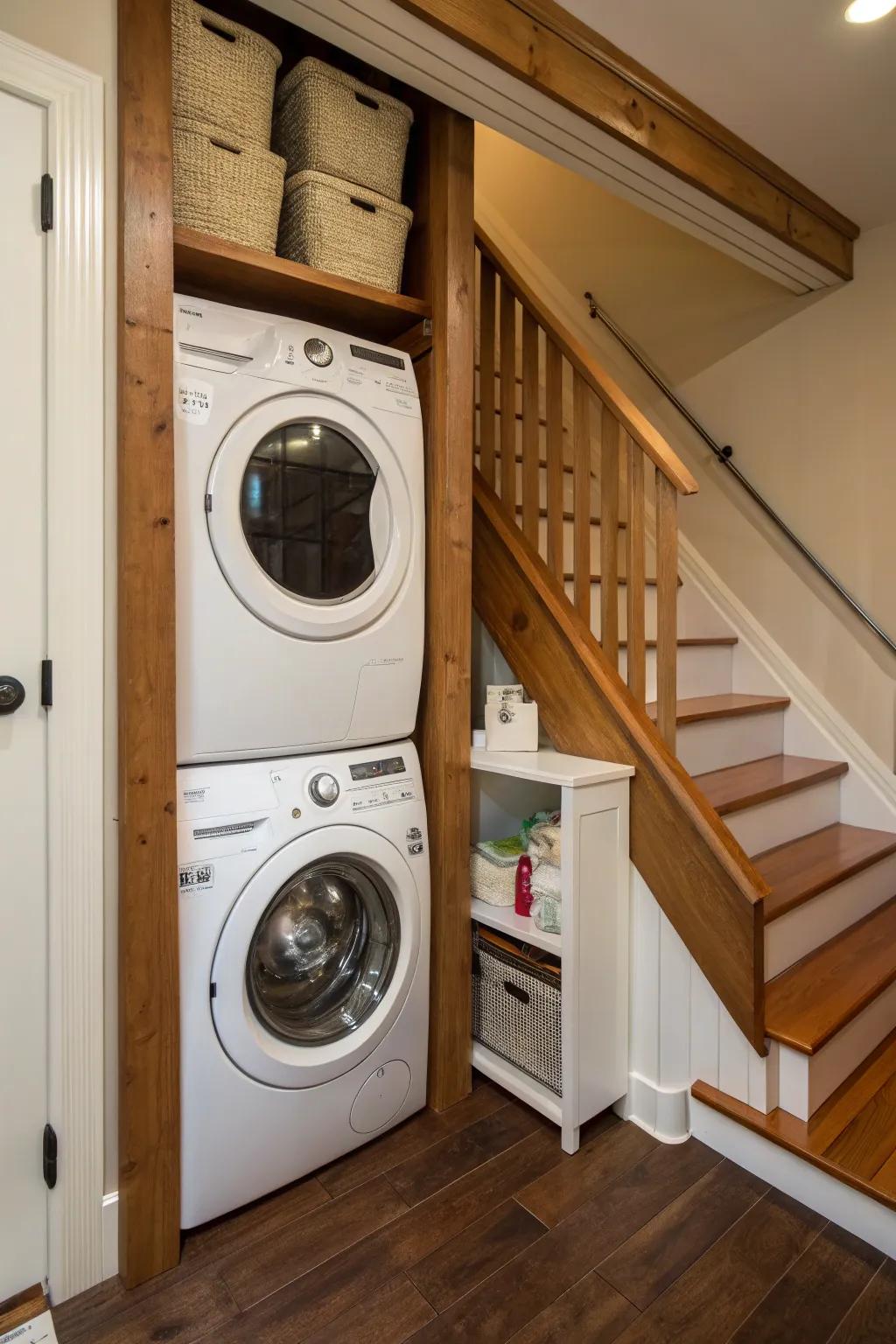 A compact laundry space beneath the staircase maximizes utility.