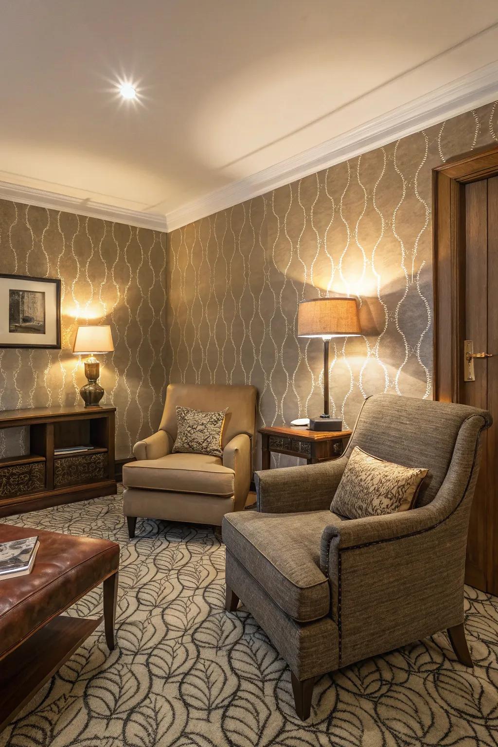 Textured wallpapers for a cozy atmosphere.