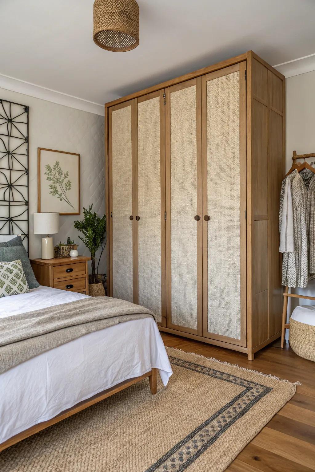 Textile panels featured on wardrobe doors, exuding a cozy appeal.