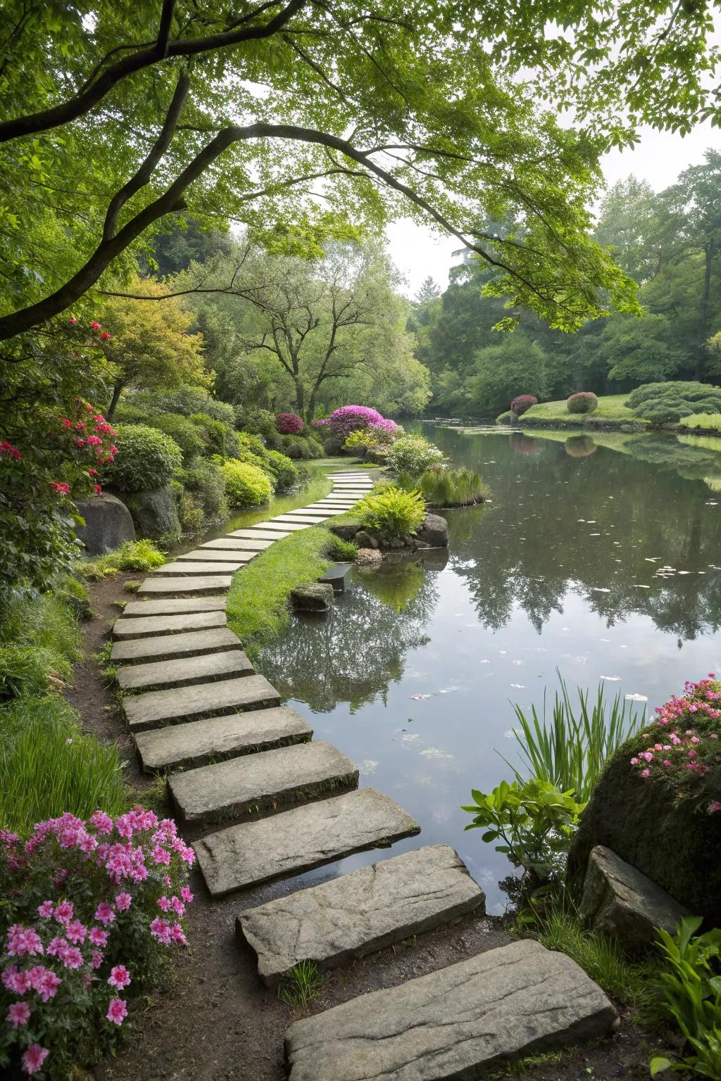 Traversal stone paths offer both utility and appeal across water elements.