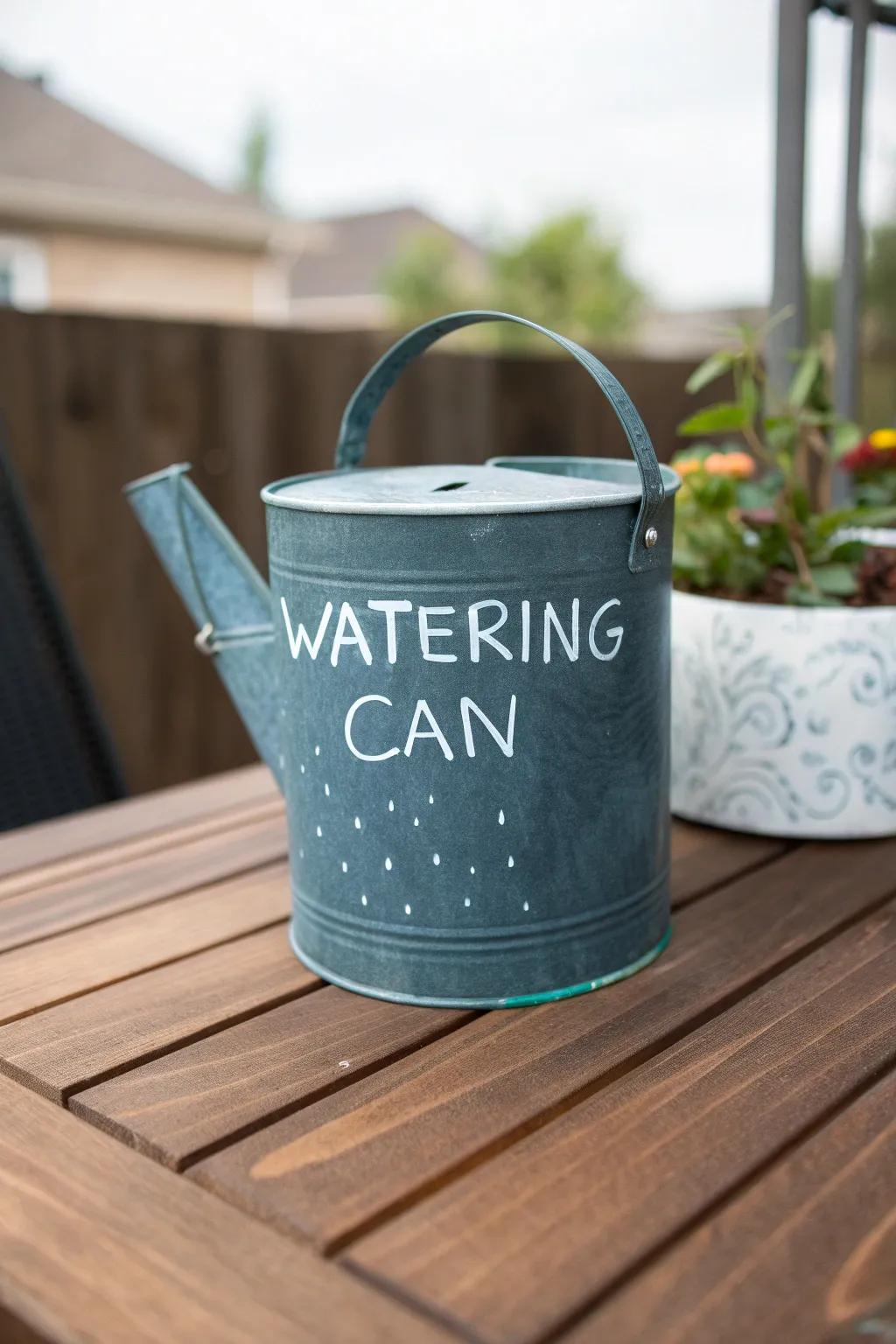A watering can with dark slate coating, ideal for alternating missives.