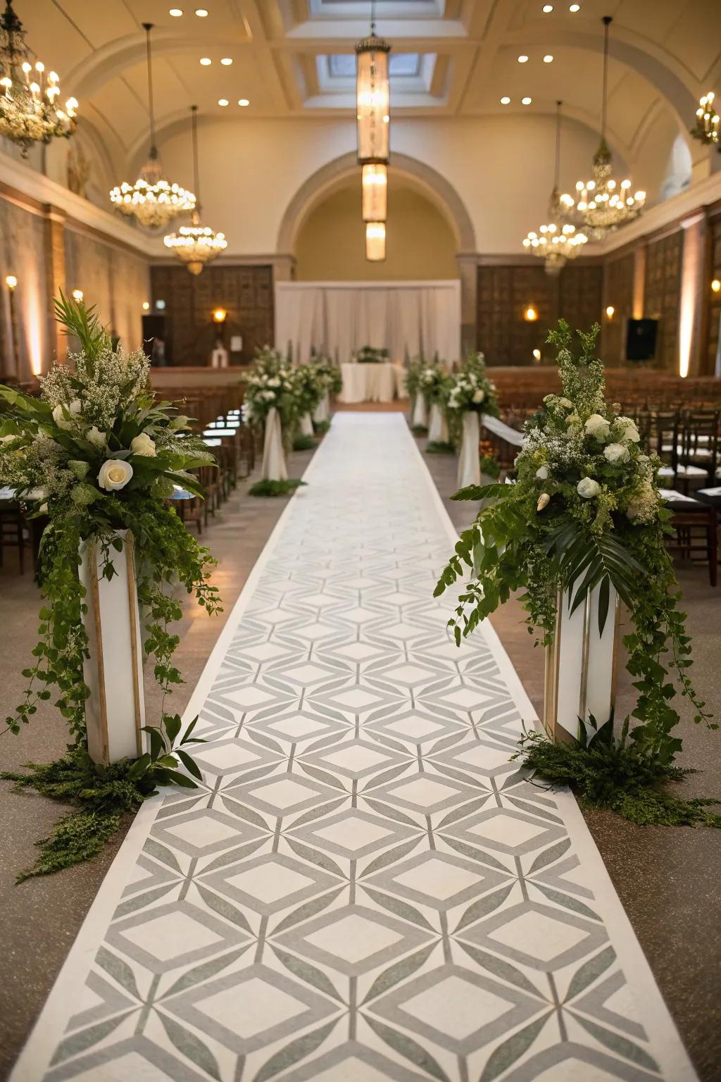 A modern geometric pattern introduces a unique accent to the aisle.