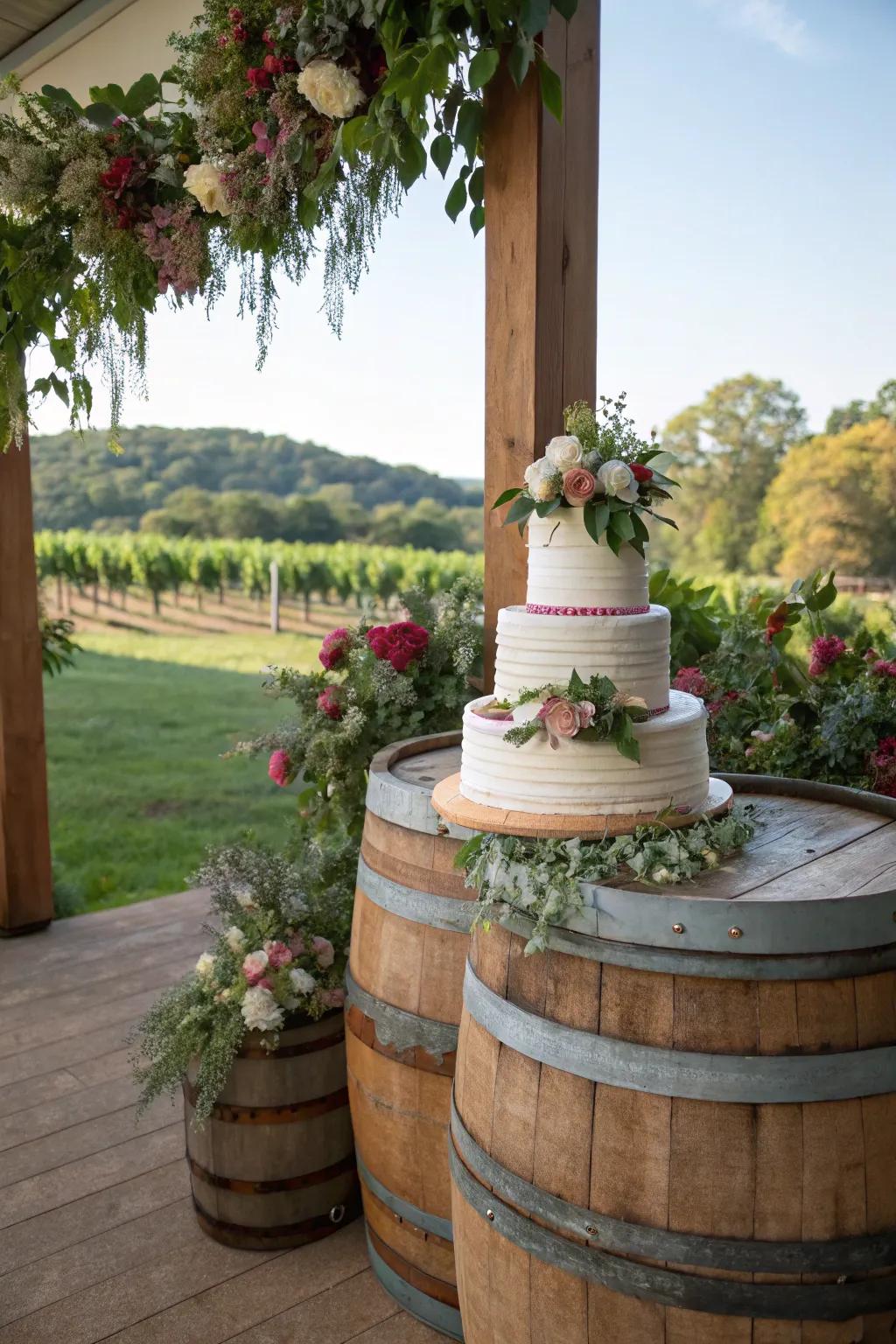 Wooden casks adding a rustic charm to the wedding cake display.