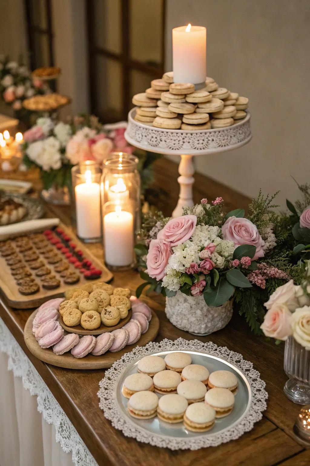 Flickering lights concoct a soothing ambiance for a wedding cookie spread.
