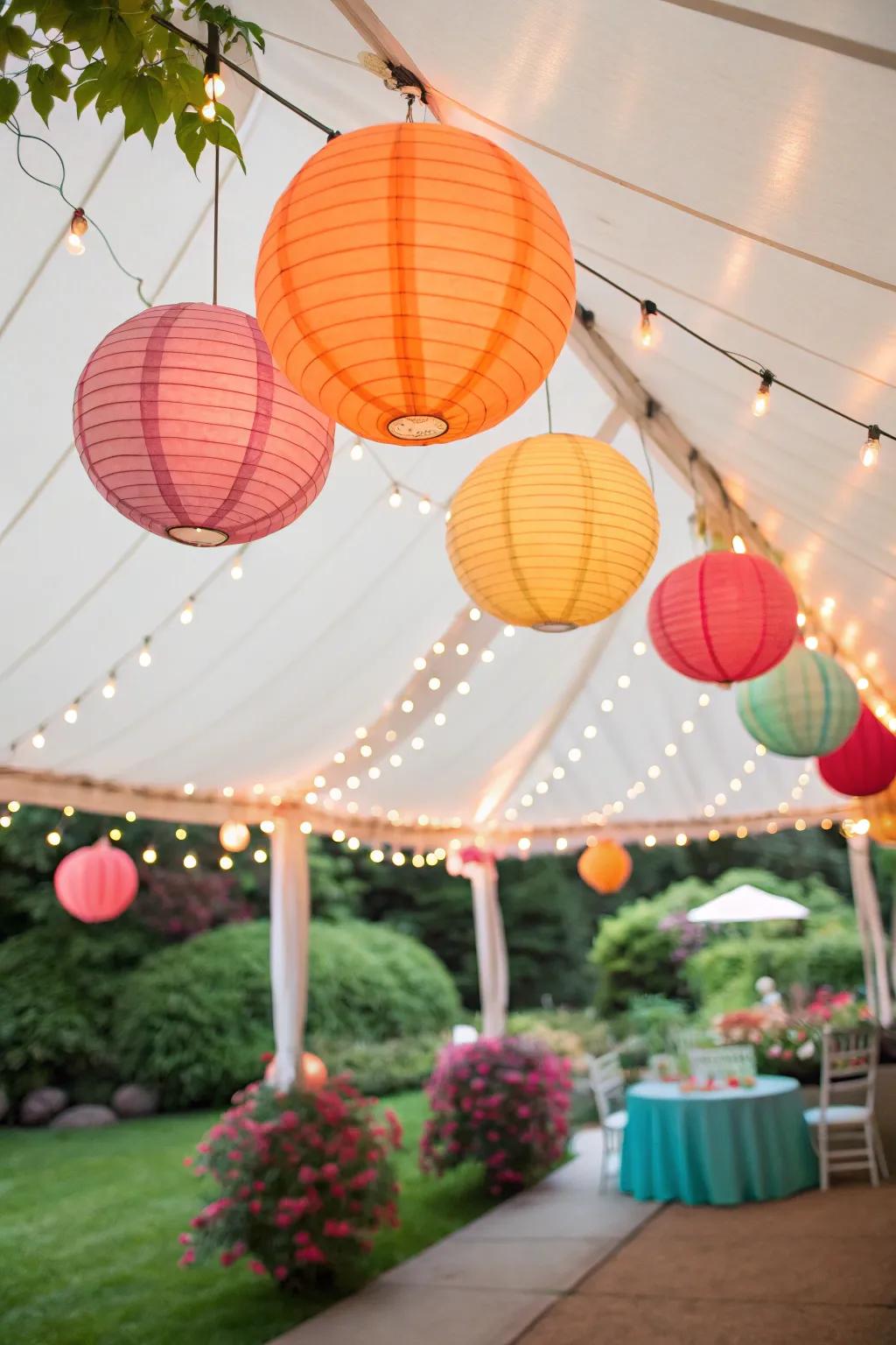 Multi-colored paper lanterns inject a playful element into the decor.