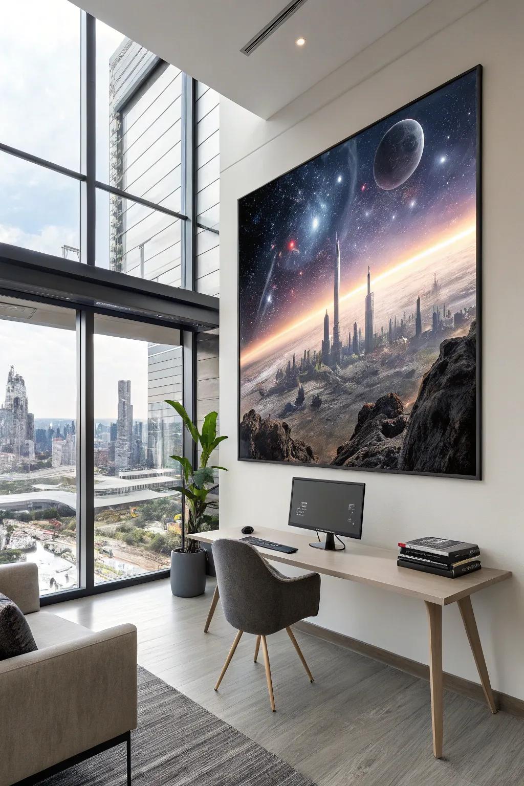 A painting of a futuristic sci-fi scene sets a cutting-edge tone in a home office.