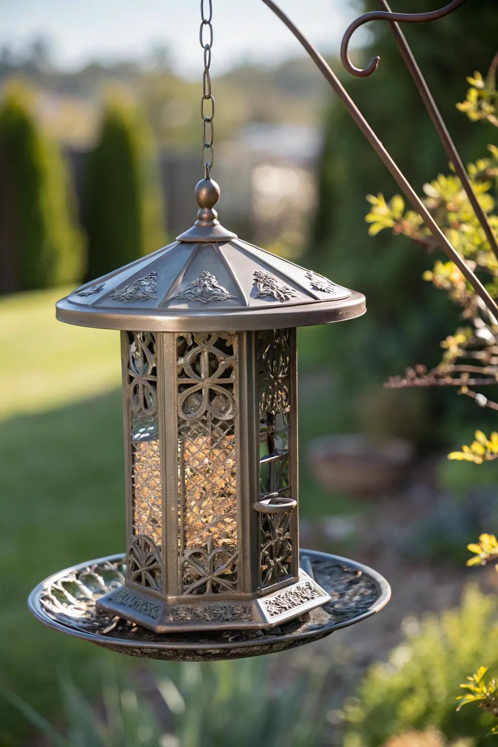 Elegance in Craft: A Metallic Songbird Diner That Captivates Both Birds and Onlookers.