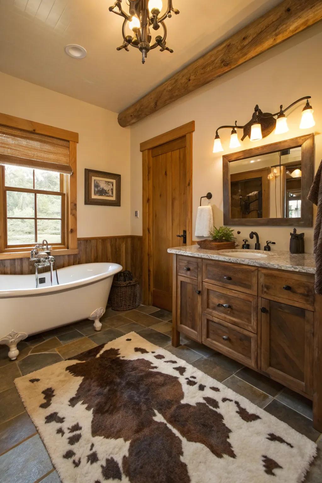Hide accents contribute a countryside nuance to this Western bathroom.