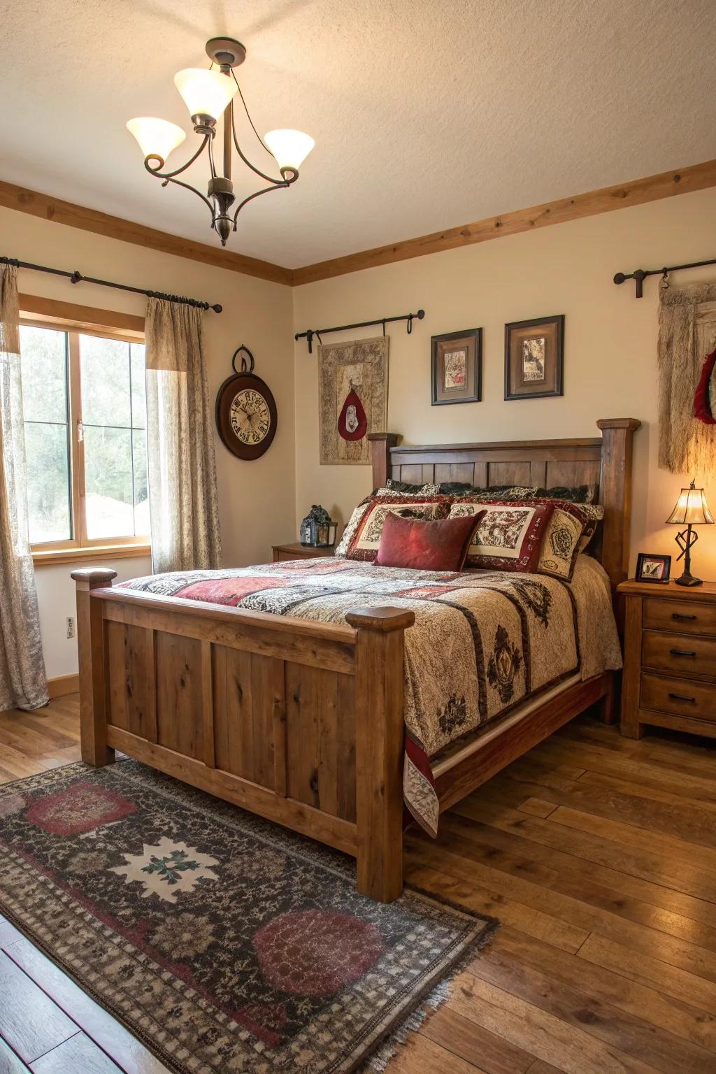A custom bed frame makes the room with Western elegance.