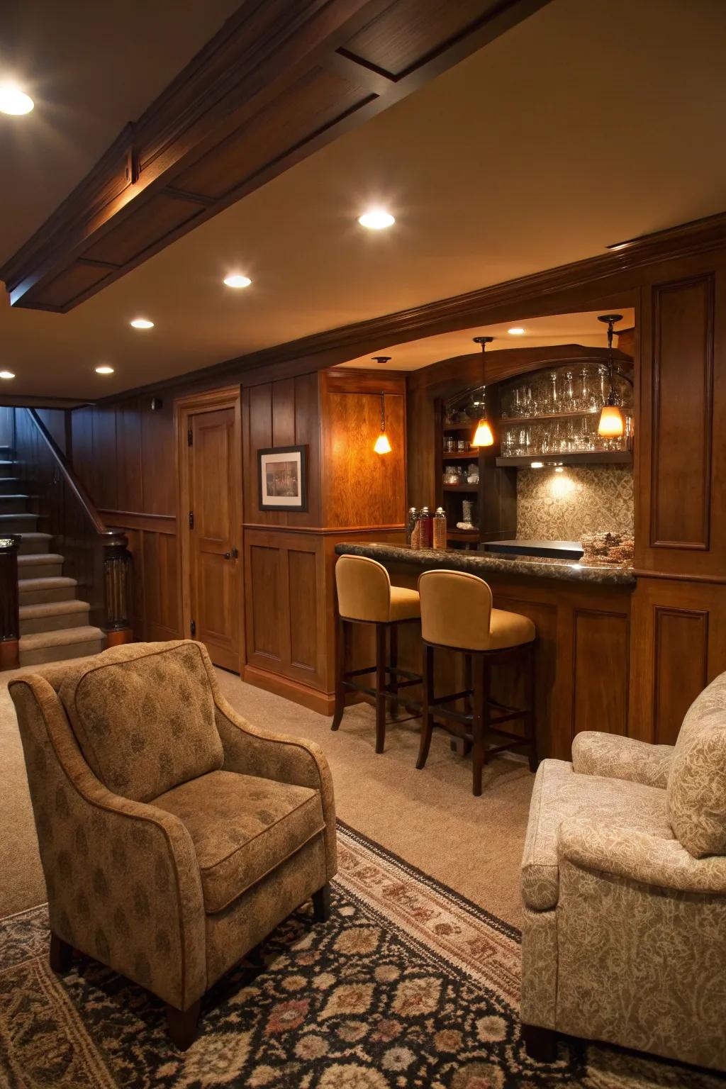 Create a welcoming wet bar area in a corner of your basement with a cozy nook.