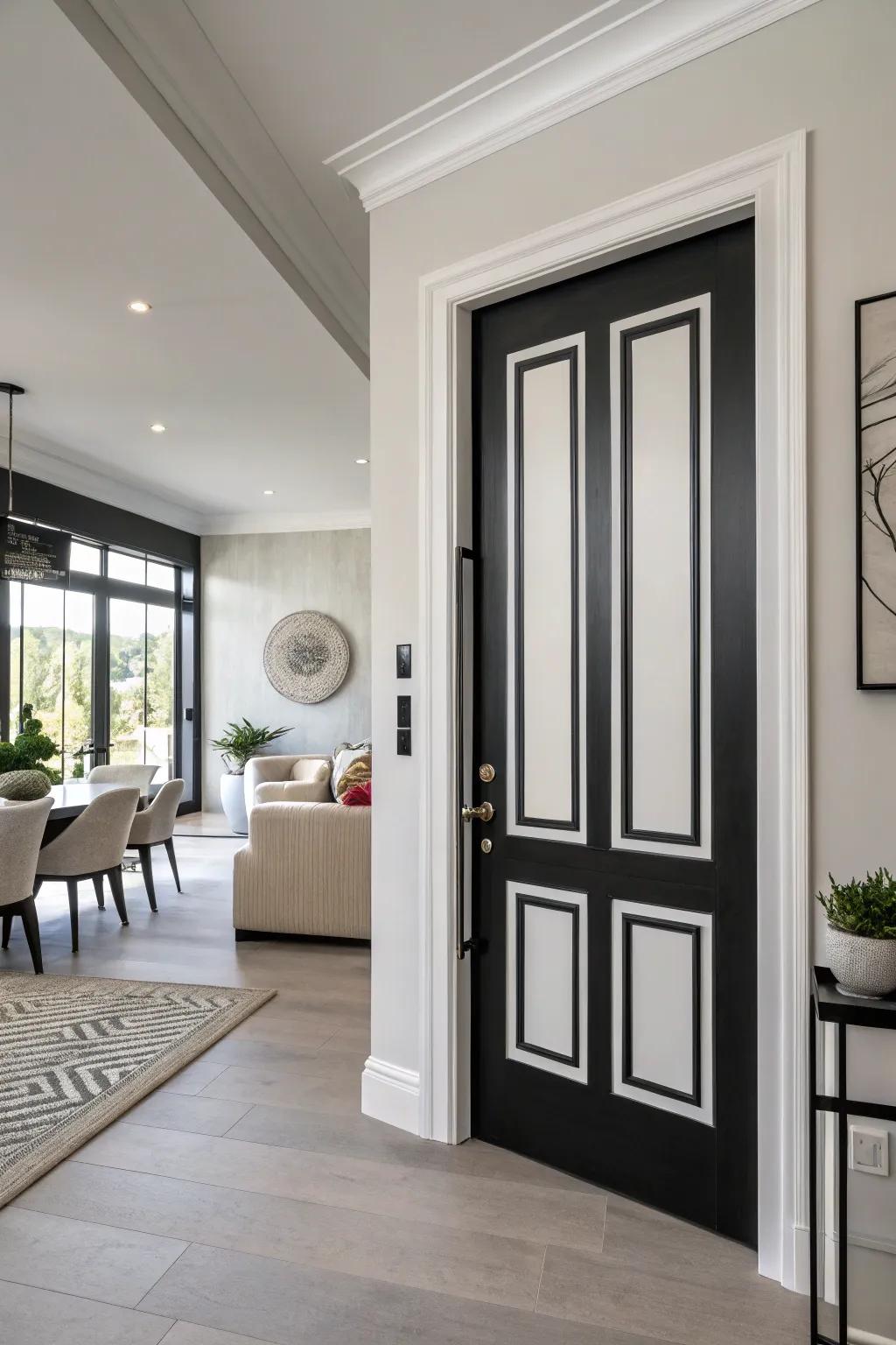 Dark and light doors create a striking modern contrast.